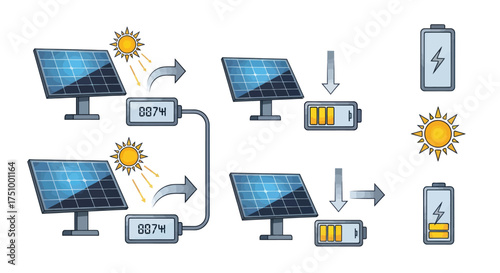 Solar Panel Energy Conversion and Battery Charging Illustration.