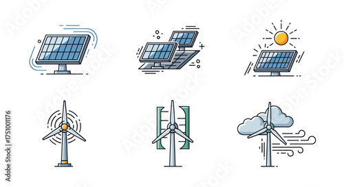 Collection of stylized icons representing solar panels and wind turbines for renewable energy generation.