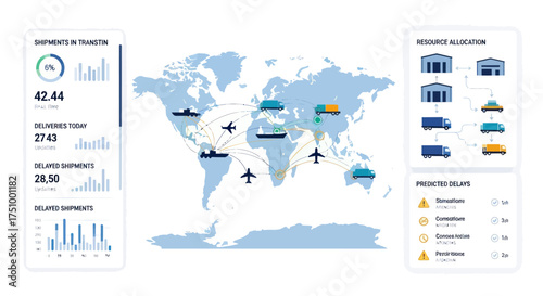 Global Logistics Dashboard Displaying Transportation and Resource Allocation on a World Map.