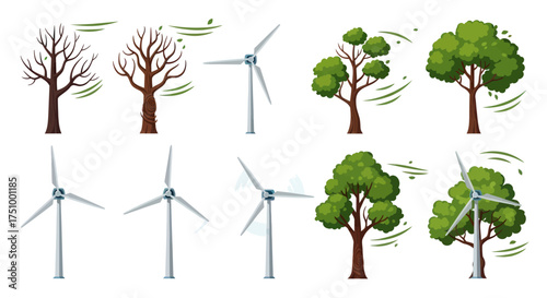 Stylized trees in different seasons and wind turbines generating clean renewable energy.