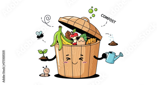 Happy Cartoon Compost Bin with Organic Waste and Garden Elements.
