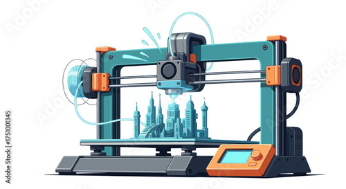 Modern 3D Printer Printing Miniature Blue City Model.