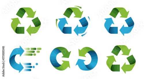 A collection of modern green and blue recycling logo icons with arrows representing sustainability and environmental conservation.