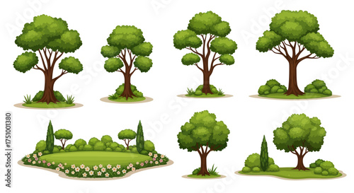 Vibrant Cartoon Green Trees and Bushes Collection with Lush Foliage.