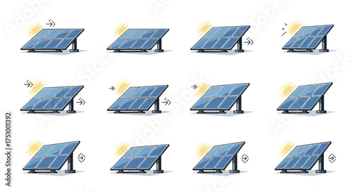 Infographic icon set of a photovoltaic solar panel with weather time of day and temperature symbols.