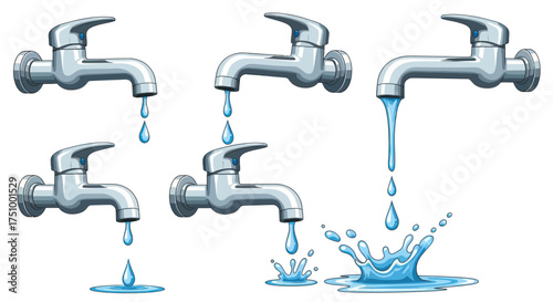 Collection of Silver Metal Faucets Dripping Water and Creating Splashes.
