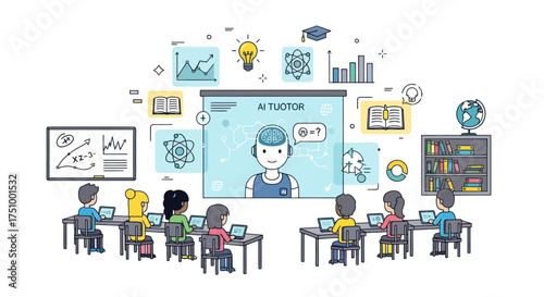 Students learning from an AI tutor on a large screen in a classroom.