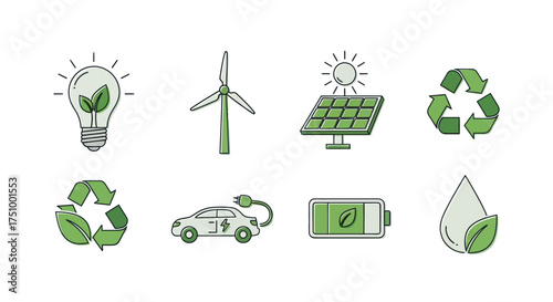 Hand-drawn Eco-Friendly Icons Set for Renewable Energy and Sustainability Concepts.