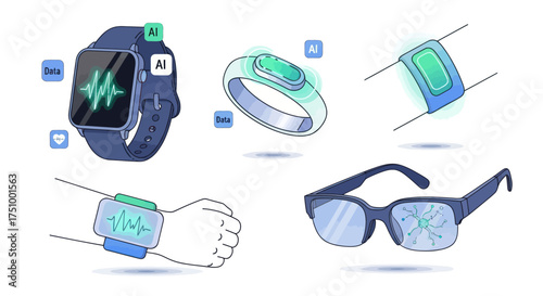 Illustrated collection of futuristic wearable technology devices including a smartwatch smart ring and AR glasses.