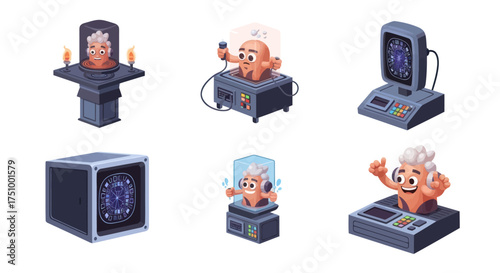 A set of isometric illustrations of cute cartoon creatures in futuristic scientific laboratory equipment.