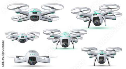 Collection of White Drones with Camera Propeller Guards and Landing Gear.