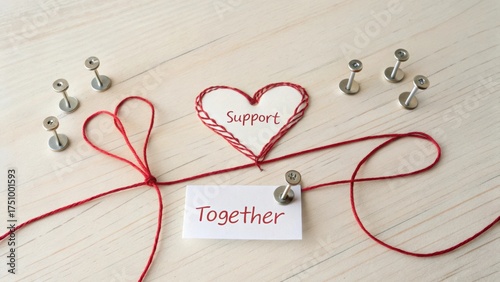 Wallpaper Mural Red thread connecting heart and together on wooden surface Torontodigital.ca