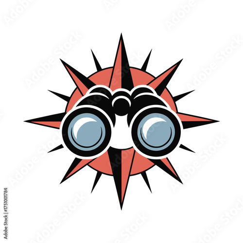 Binoculars superimposed on a stylized compass rose with coral and black points navigation exploration