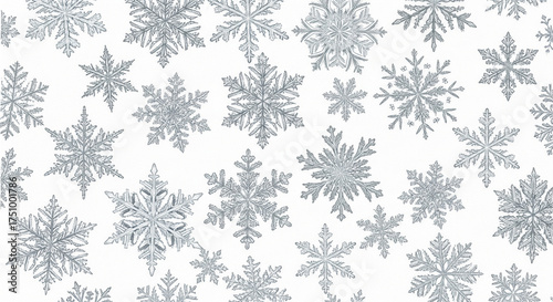 Seamless pattern of delicate silver and blue glittering snowflakes on white background