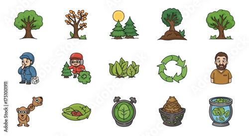 A collection of pixel art style icons with an environmental and ecological theme featuring trees and nature.