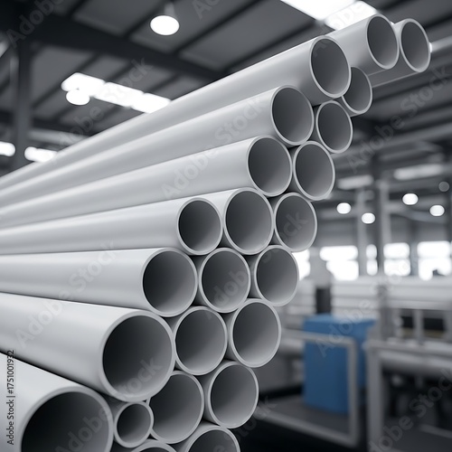 Stack of White PVC Pipes in Industrial Setting.