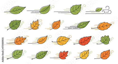 Collection of Colorful Autumn Leaves Blowing in the Wind Hand-Drawn Style.