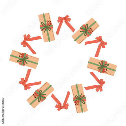 Festive round frame with presents . Colorful circular frame decorated with wrapped gifts, perfect for holiday greeting cards, posters or festive designs.
