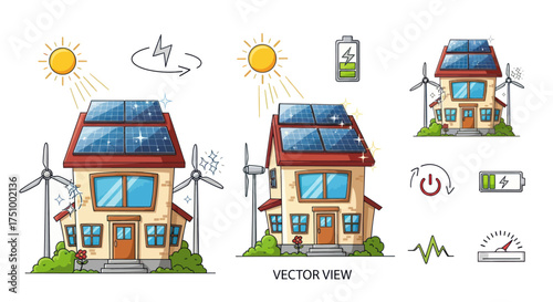 Vector illustration set of an eco-friendly house with solar panels and wind turbines.