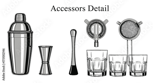 Collection of Bar Tools and Cocktail Glasses for Mixology.