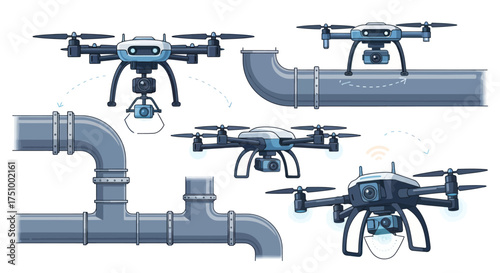 Quadcopter drones with cameras used for industrial pipeline inspection and maintenance.