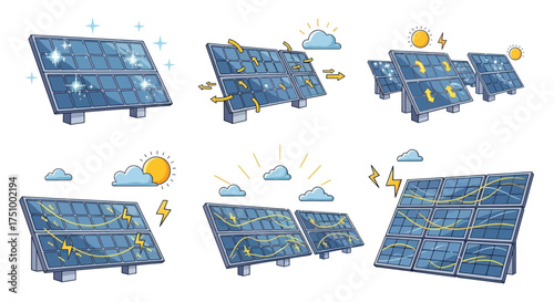 Illustrated Solar Panels with Weather Elements Energy Concept.