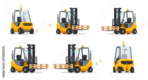 Autonomous Yellow Forklifts in Various Operational Poses.