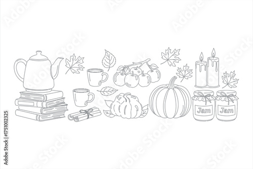 Autumn harvest still life line art with teapot books pumpkin apples jam jars drawing