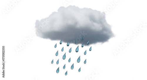 A simple illustration of a fluffy white and grey rain cloud with falling blue raindrops.