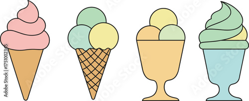 Colorful vector illustration of assorted ice cream desserts including waffle cones, soft serve, and sundae cups in different containers for summer