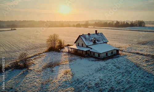 Aerial view of snow covered field and farmhouse at sunset in winter landscape scene with trees