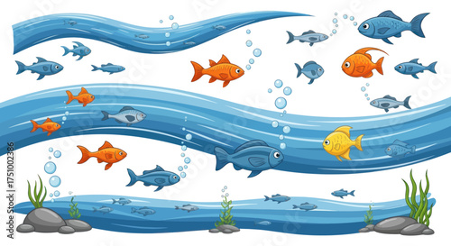Colorful Cartoon Fish Swimming in Wavy Blue Water with Bubbles.