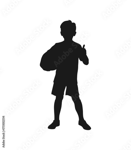 Silhouette of a young boy holding a basketball and giving a thumbs up gesture