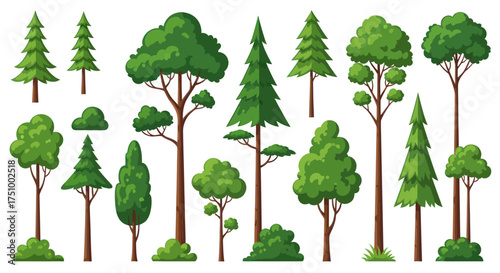 Diverse Cartoon Trees and Bushes Collection for Nature Landscape Design.