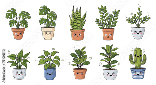 A charming collection of ten cute cartoon houseplants in pots with adorable kawaii faces.