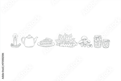 Autumn harvest still life line art candle teapot apple pie mushrooms jam jars illustration
