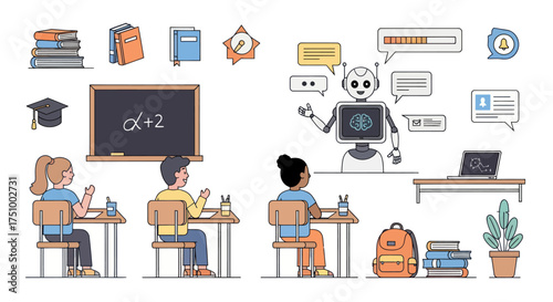 Classroom Scene with Students Blackboard Books and Robot Teacher in a Learning Environment.