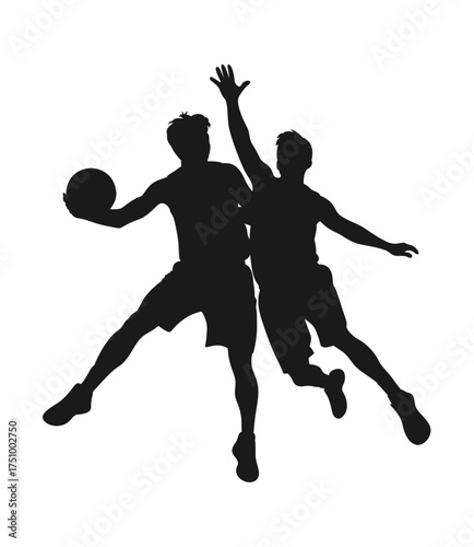 Dynamic silhouette of two basketball players in action during a game on a white background