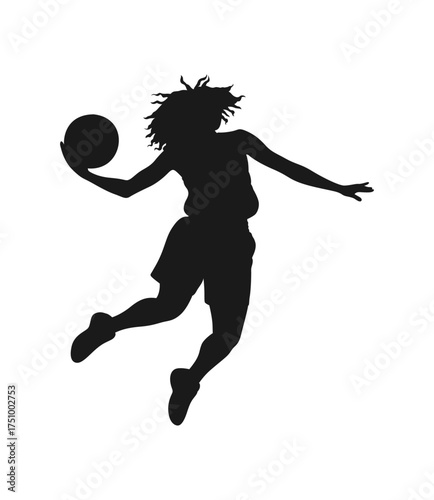 Dynamic silhouette of a female basketball player in mid air making a powerful slam dunk shot