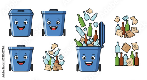 A collection of cute blue cartoon recycling bin characters for sorting glass and paper waste.