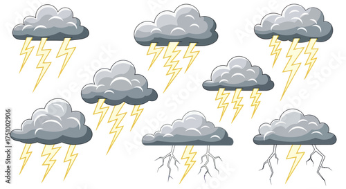 Cartoon Clouds with Lightning Bolts in Various Shapes.