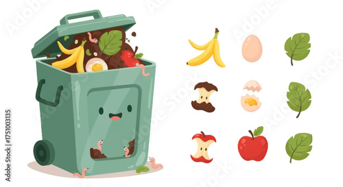 Cute Green Compost Bin Overflowing with Organic Waste and Happy Face.