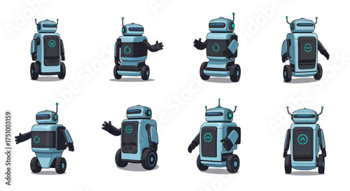 Set of eight futuristic blue and black wheeled robots in various poses.