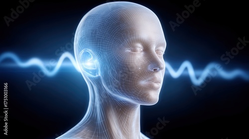 Wireframe human head with glowing ear and sound wave, symbolizing advanced auditory technology and AI.