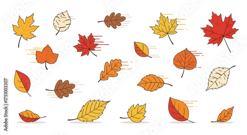 Collection of Colorful Autumn Leaves with Motion Lines Various Shapes and Sizes.