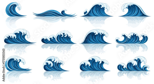 Collection of Blue Ocean Wave Illustrations with White Foam Crests.