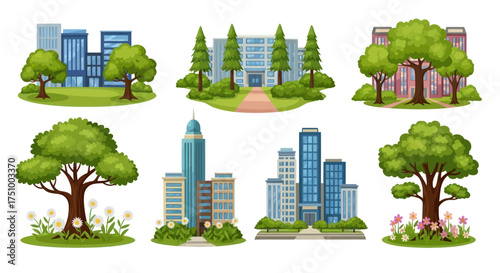 Cartoon City Buildings and Green Parks Collection.