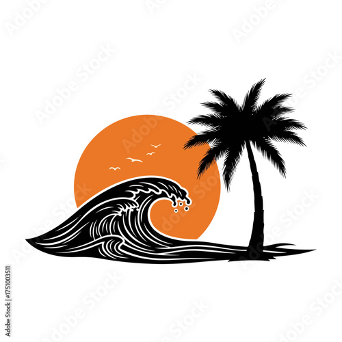 Tropical coconut tree and beach resort logo design for summer-themed branding