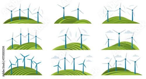 Wind Turbines on Green Hills Generating Clean Renewable Energy.