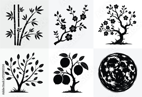 Elegant black silhouettes of bamboo cherry blossom trees fruit tree and abstract circle vector graphics silhouette vector illustration white background